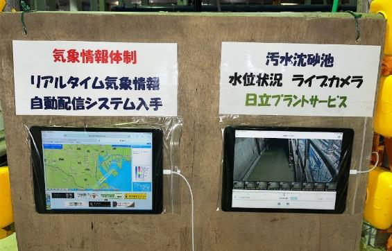 写真：写真：気象情報体制及びリアルタイム気象情報入手 気象情報体制及びリアルタイム気象情報入手  写真：電柱幕設置状況  ライブカメラによる沈砂池水位状況確認及びリアルタイム気象情報